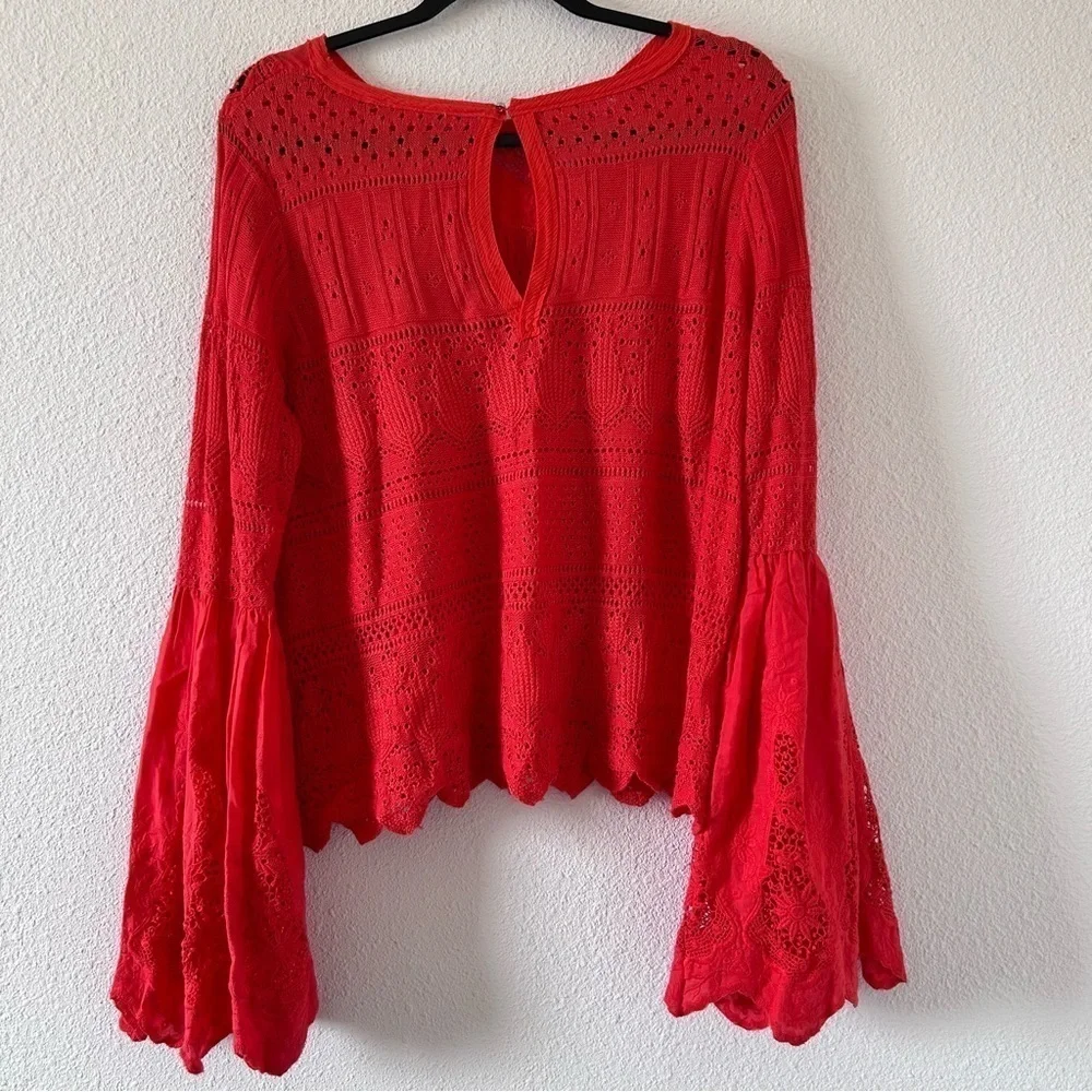 Free People Knit Crochet Eyelet Flare Sleeve Linen Blend Top Women Medium Orange